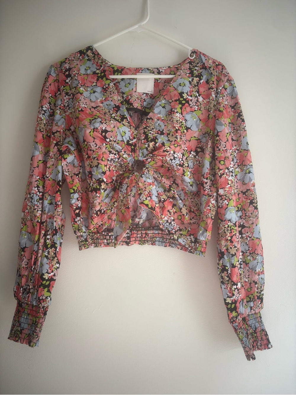 SO Pink Floral Twist-Front Long Sleeve Blouse